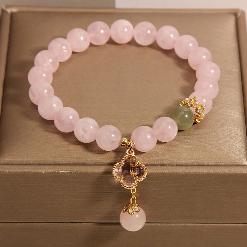 8mm Pink Crystal Soothing Four Leaf Clover Bracelet - Image 3