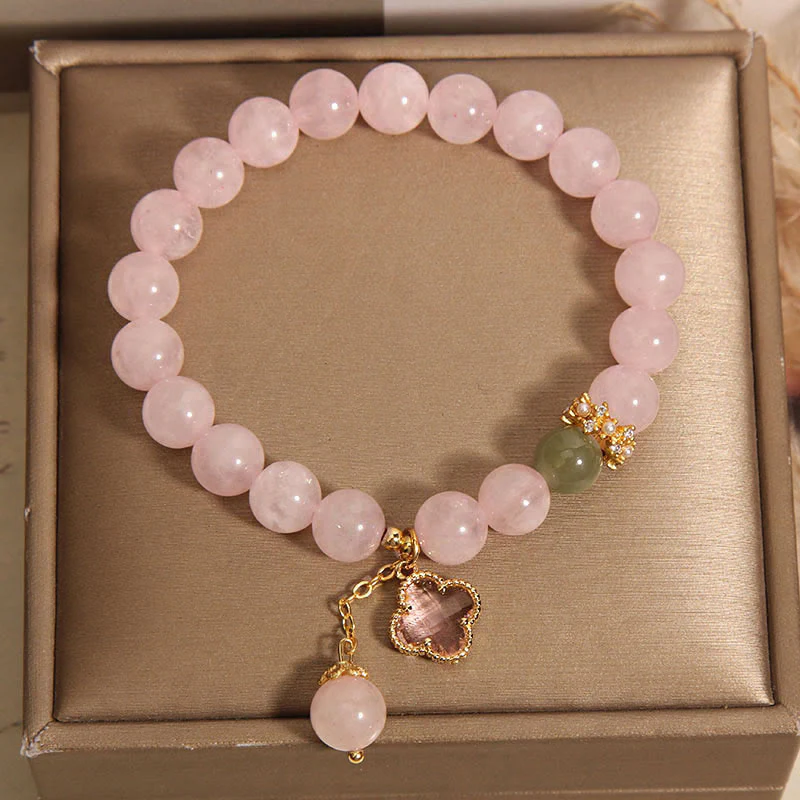 8mm Pink Crystal Soothing Four Leaf Clover Bracelet - Image 4
