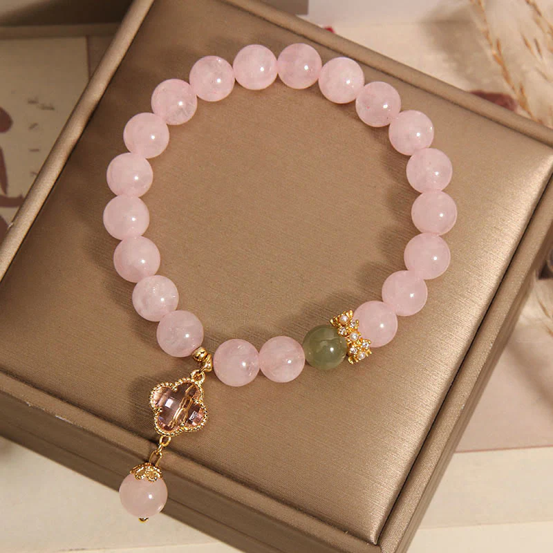 8mm Pink Crystal Soothing Four Leaf Clover Bracelet - Image 6