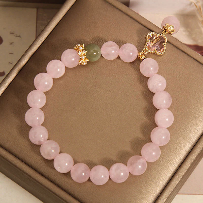 8mm Pink Crystal Soothing Four Leaf Clover Bracelet - Image 7