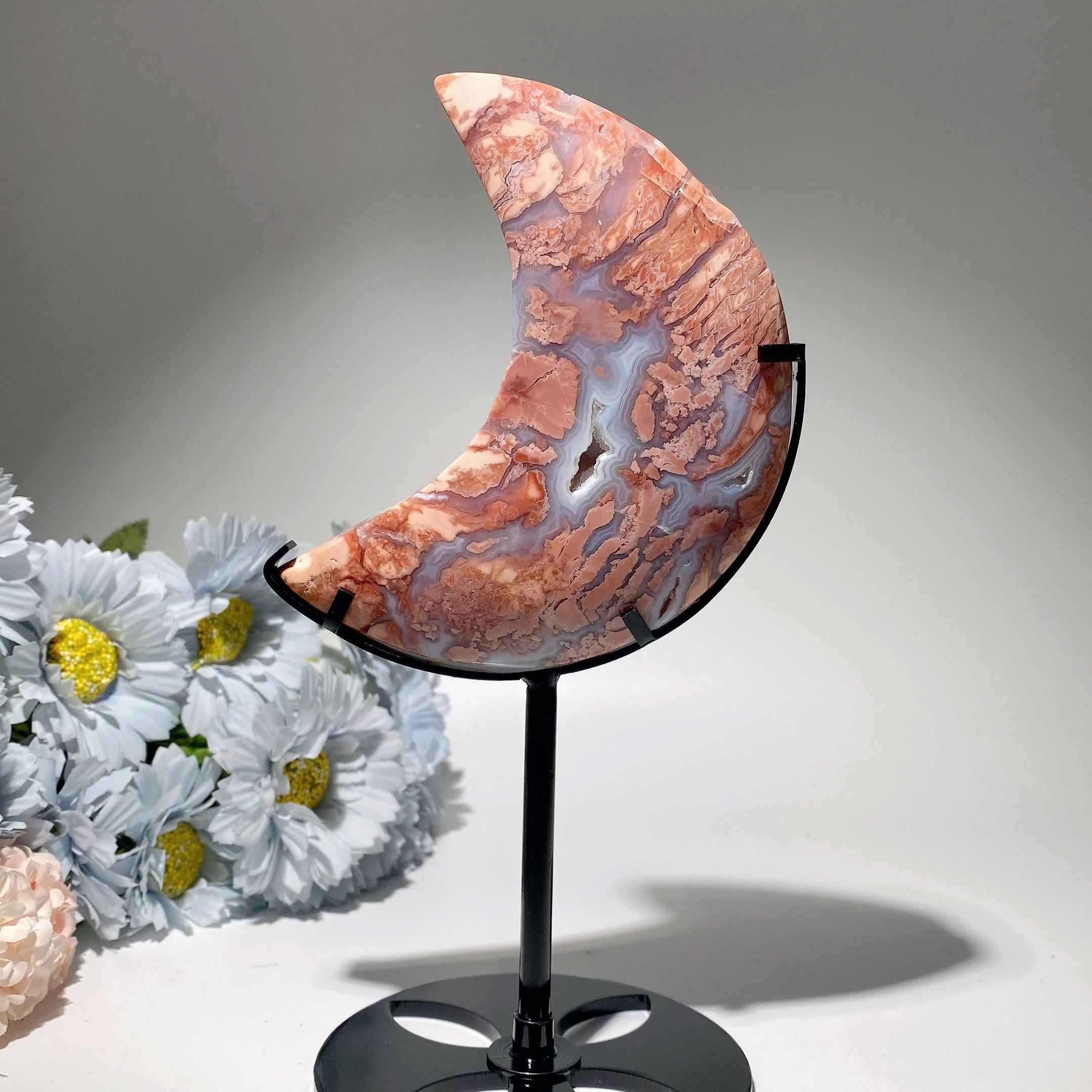 22.5cm Pink Flower Agate Moon Crystal Sculpture - Image 2