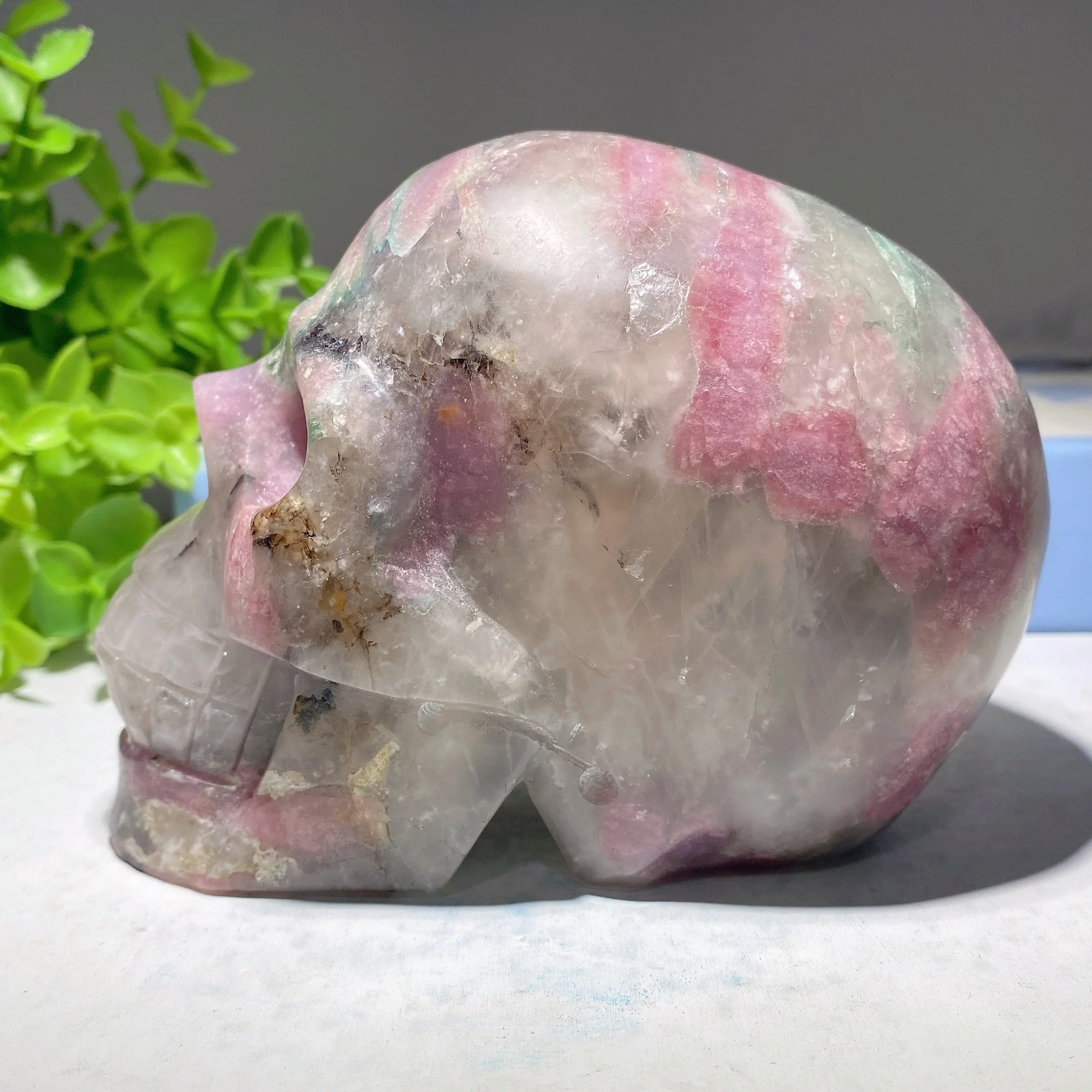 4.8 Inch Pink Green Tourmaline Crystal Skull Carving - Image 4