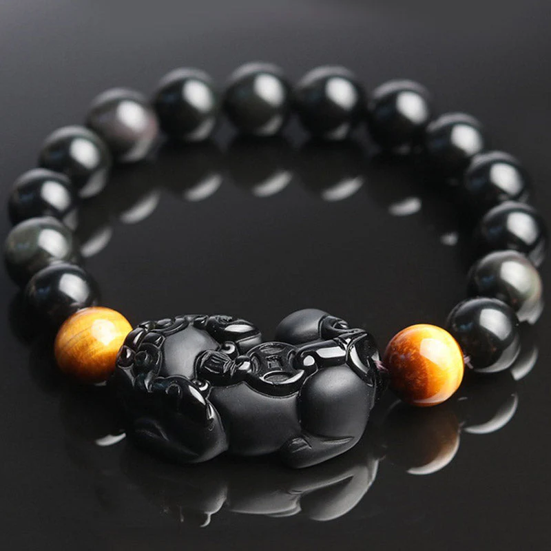 10mm Pixiu Bracelet with Rainbow Obsidian & Tiger Eye for Wealth - Image 2