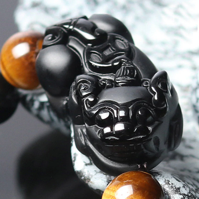 10mm Pixiu Bracelet with Rainbow Obsidian & Tiger Eye for Wealth - Image 3