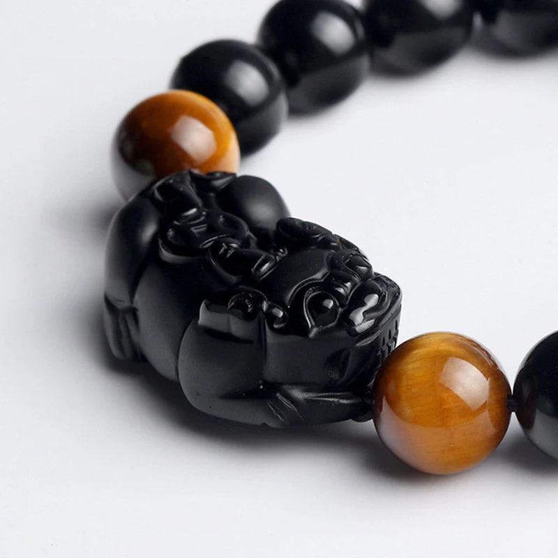10mm Pixiu Bracelet with Rainbow Obsidian & Tiger Eye for Wealth - Image 5