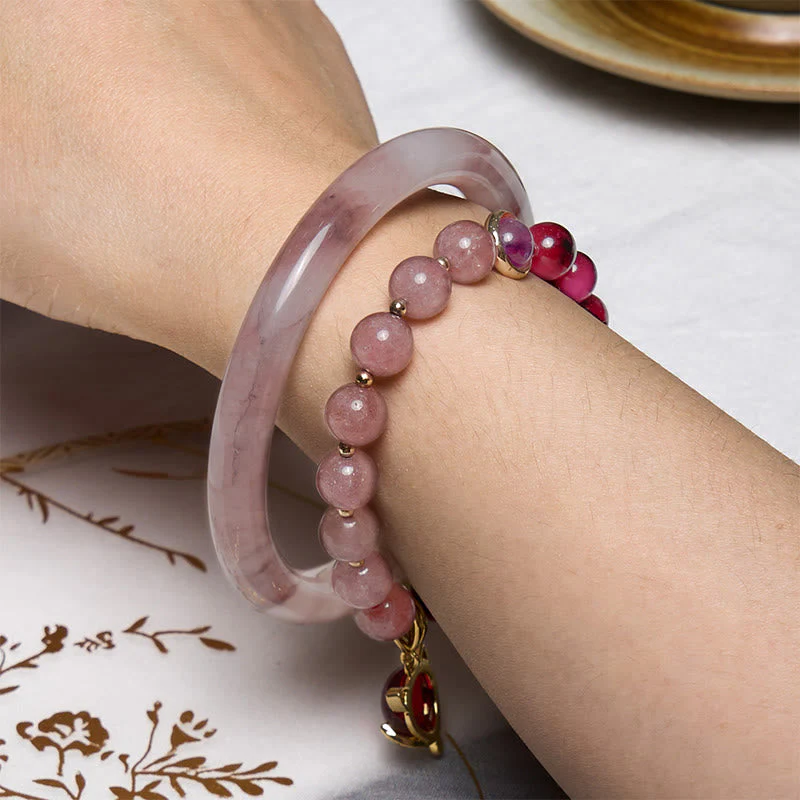 Purple Jade and Strawberry Quartz Bracelet Bangle Bundle for Happiness - Image 2