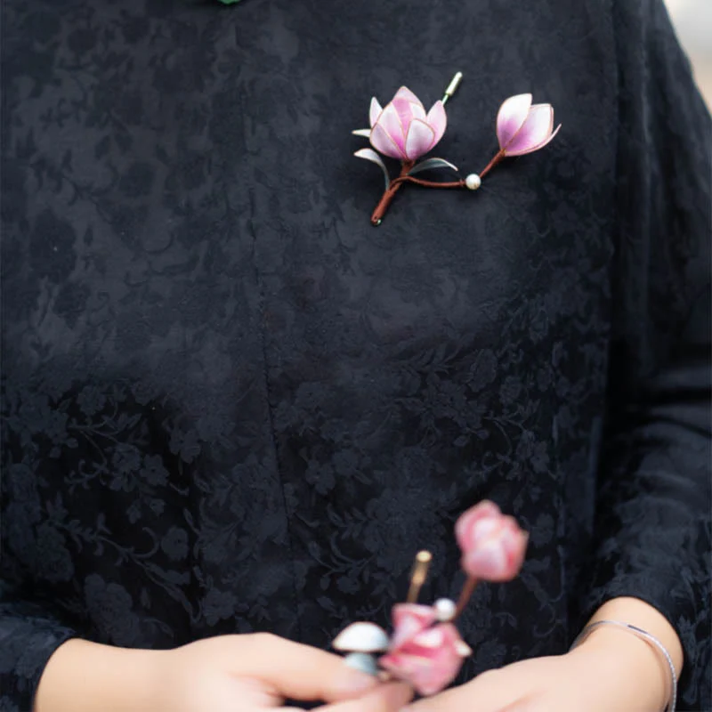 Handmade Purple Magnolia Hairpin Yangzhou Silk Flower - Image 3
