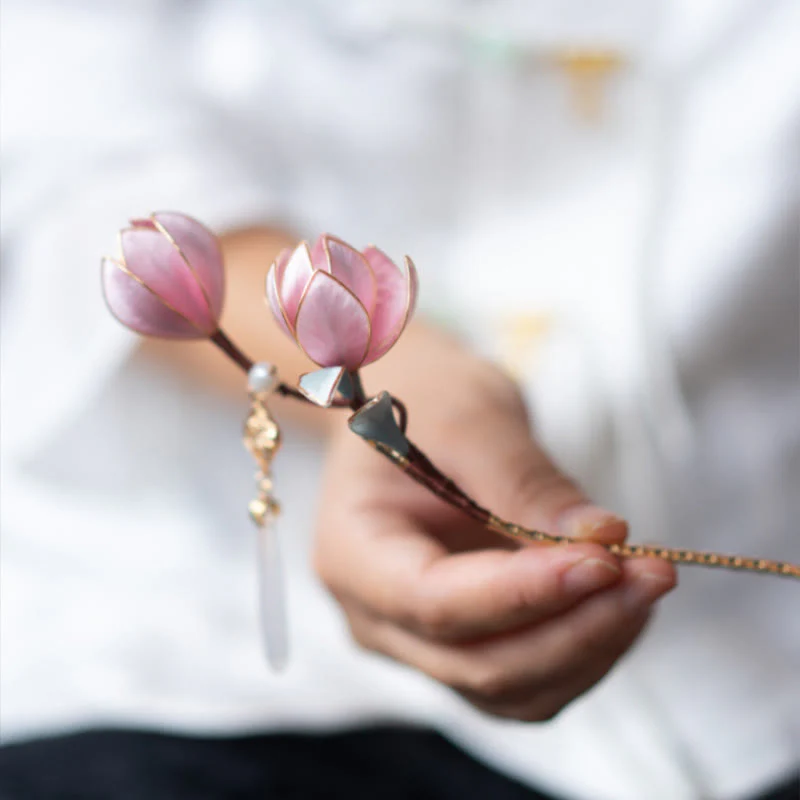 Handmade Purple Magnolia Hairpin Yangzhou Silk Flower - Image 7