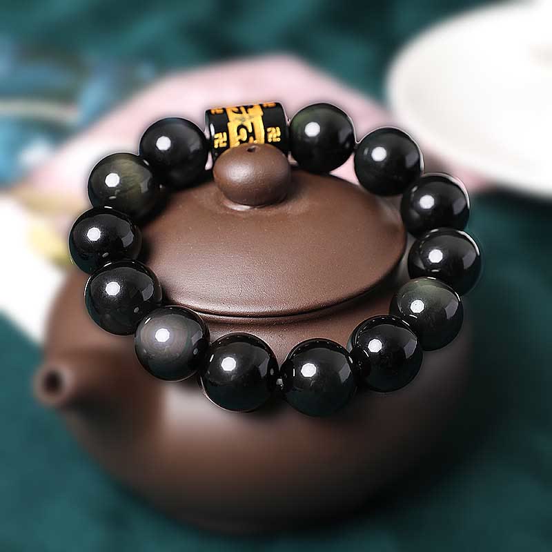 Rainbow Obsidian Om Mani Padme Hum Swastika Bracelet 14mm - Image 5