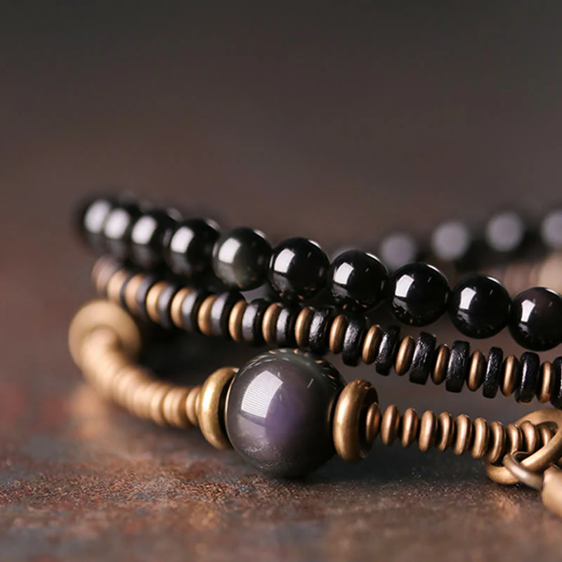 Rainbow Obsidian Ebony Wood Triple Wrap Healing Bracelet - Image 2