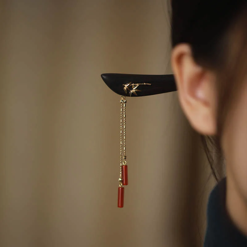 Red Agate Ebony Wood Confidence Tassel Chinese Hairpin