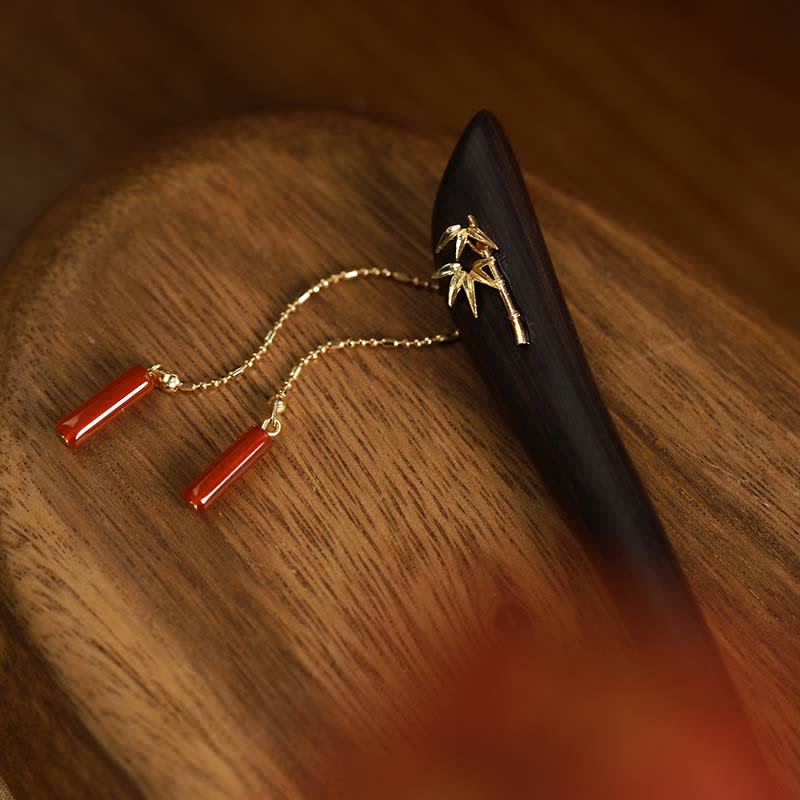 Red Agate Ebony Wood Confidence Tassel Chinese Hairpin - Image 4