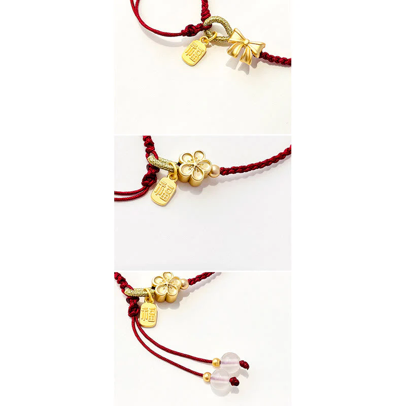 Red String Bracelet with Fu Character Charm and Peach Blossom Detail - Image 10