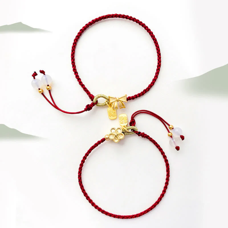 Red String Bracelet with Fu Character Charm and Peach Blossom Detail - Image 11