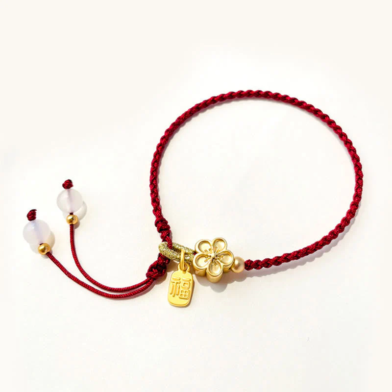 Red String Bracelet with Fu Character Charm and Peach Blossom Detail - Image 2
