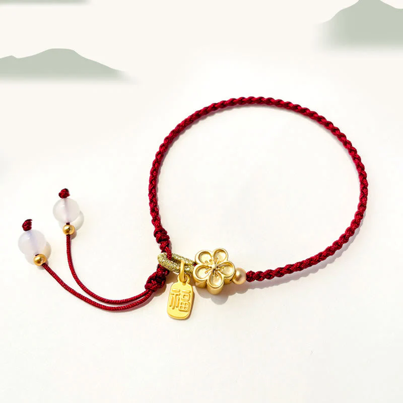 Red String Bracelet with Fu Character Charm and Peach Blossom Detail - Image 3