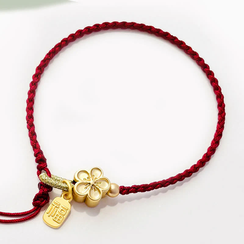 Red String Bracelet with Fu Character Charm and Peach Blossom Detail - Image 4