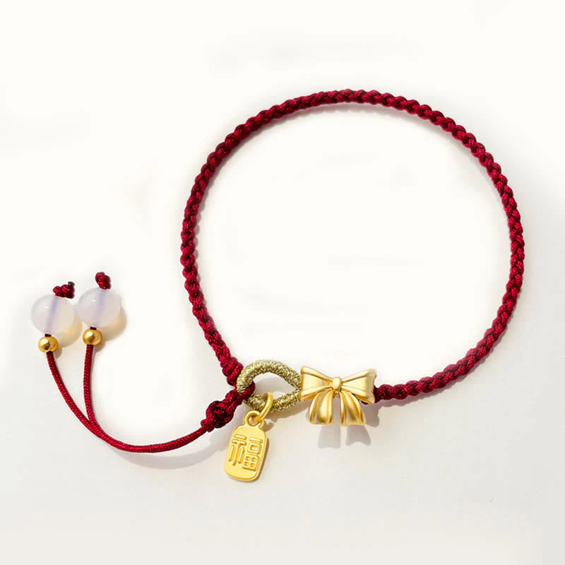 Red String Bracelet with Fu Character Charm and Peach Blossom Detail - Image 5