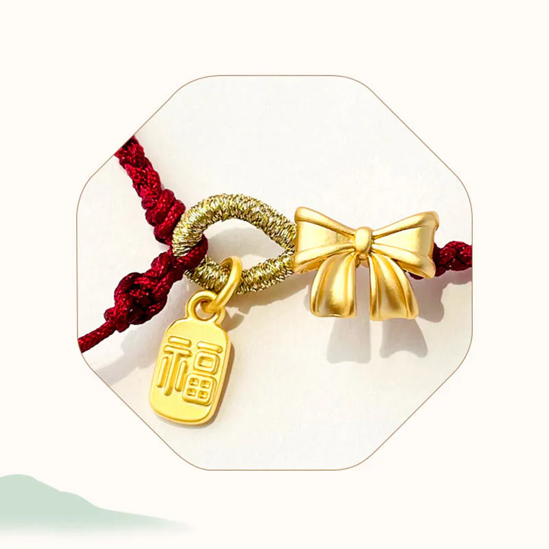 Red String Bracelet with Fu Character Charm and Peach Blossom Detail - Image 8