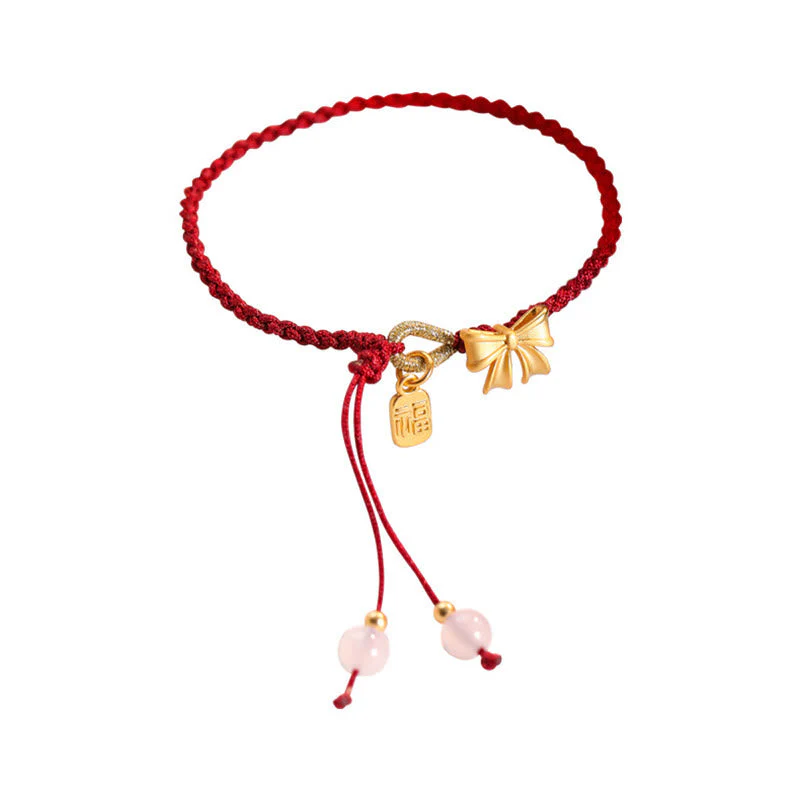 Red String Bracelet with Fu Character Charm and Peach Blossom Detail - Image 9