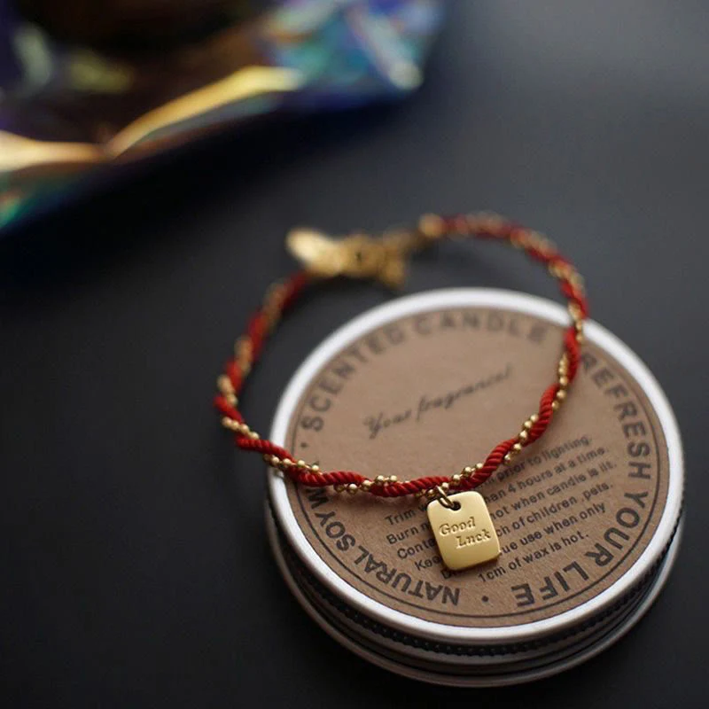 Red String Good Luck Bracelet with Gold Plated Copper Charm for Strength - Image 2