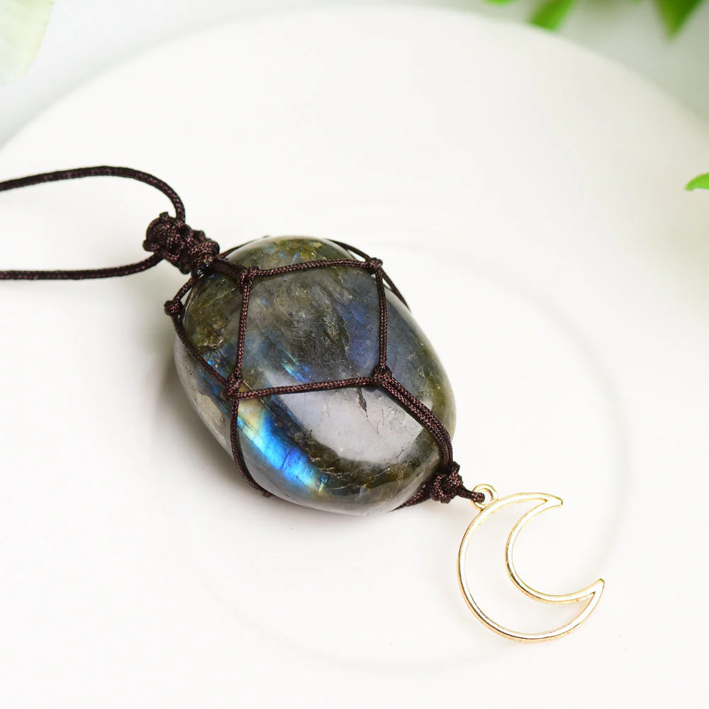 Rope Wrapped Labradorite Stone Necklace with Moon Charm