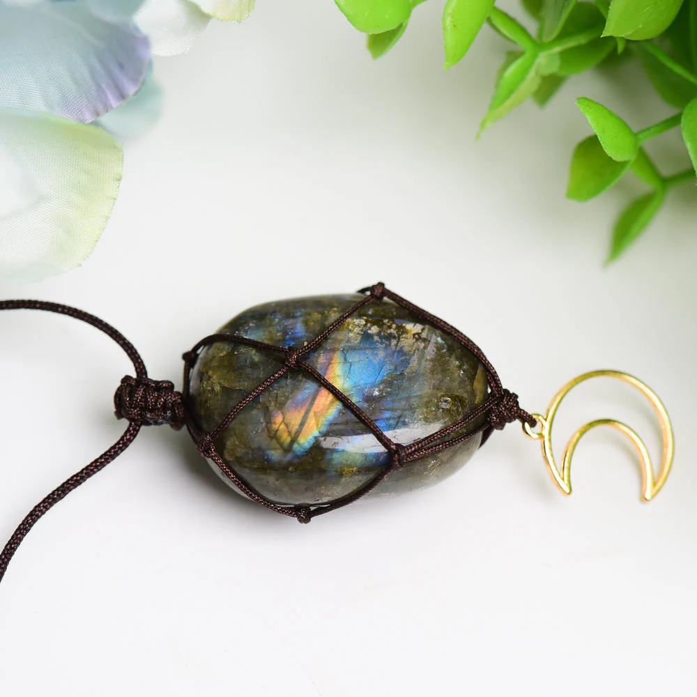 Rope Wrapped Labradorite Stone Necklace with Moon Charm - Image 2