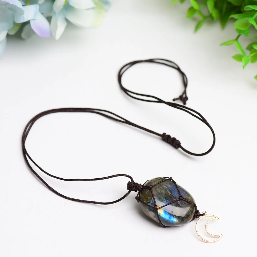 Rope Wrapped Labradorite Stone Necklace with Moon Charm - Image 3