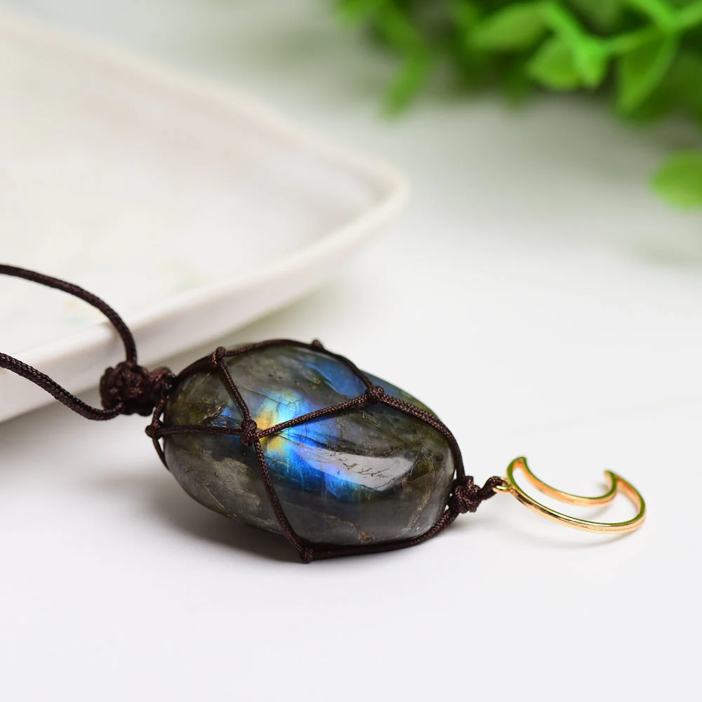 Rope Wrapped Labradorite Stone Necklace with Moon Charm - Image 4