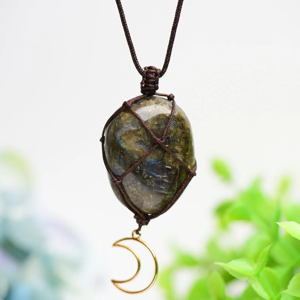 Rope Wrapped Labradorite Stone Necklace with Moon Charm - Image 5