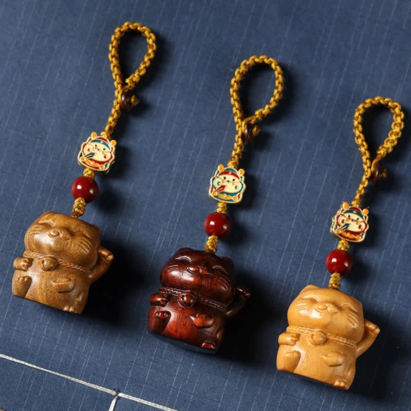 Sandalwood Spiritual Protection Key Chain with Lucky Cat Charm - Image 2
