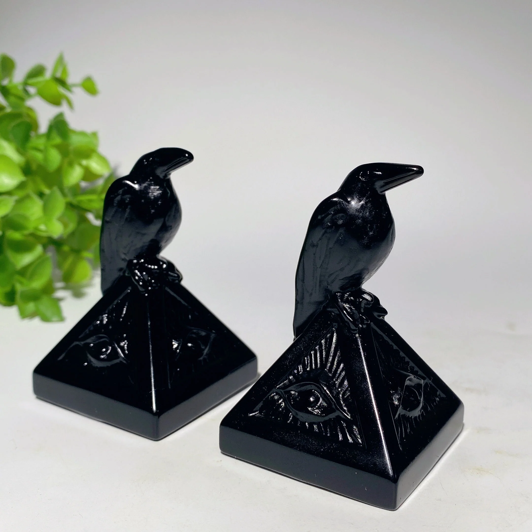 3.1 inch Serpentine & Black Obsidian Raven on Pyramid Crystal - Image 2
