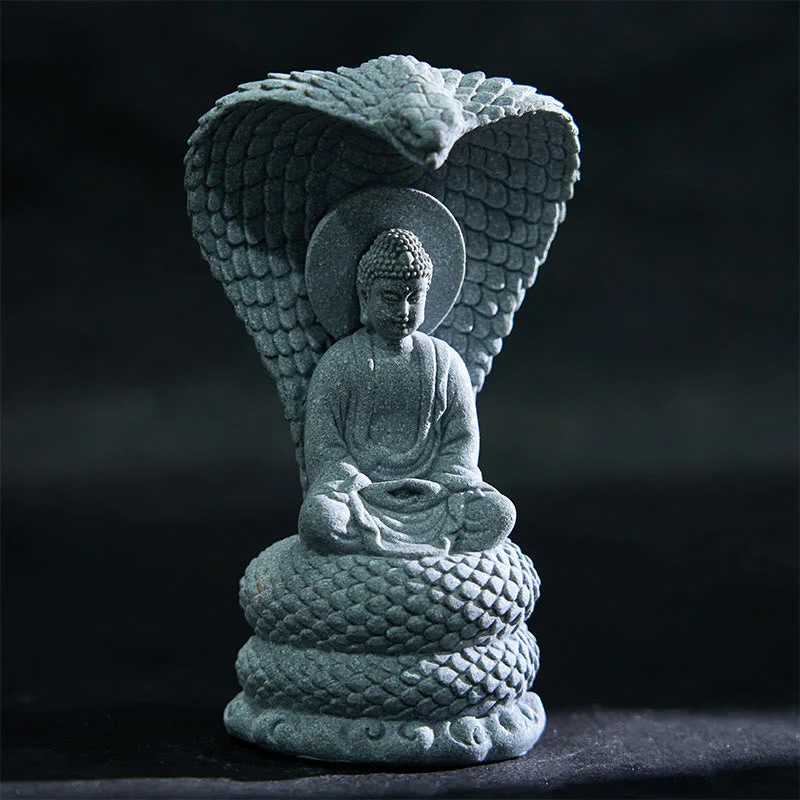 7.5cm Sandstone Shakyamuni Buddha Statue with Snake Symbolism - Image 2
