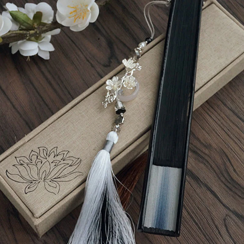 Silk Folding Fan Ink Gradient 22cm with Plum Tassel - Image 10