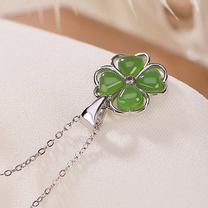 Silver Hetian Cyan Jade Lucky Four Leaf Clover Necklace - Image 10