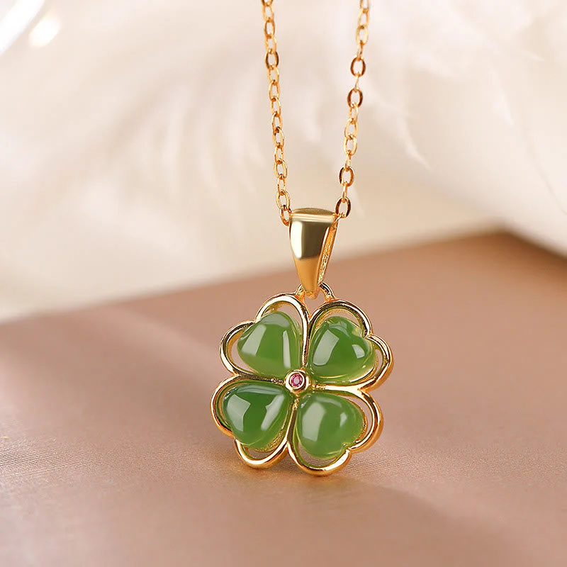 Silver Hetian Cyan Jade Lucky Four Leaf Clover Necklace - Image 2
