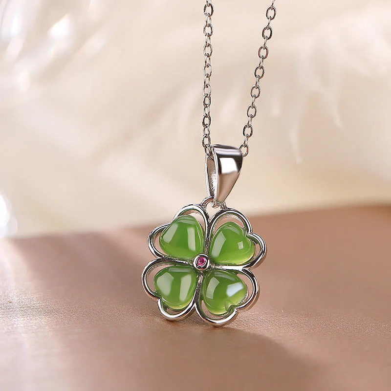 Silver Hetian Cyan Jade Lucky Four Leaf Clover Necklace - Image 8