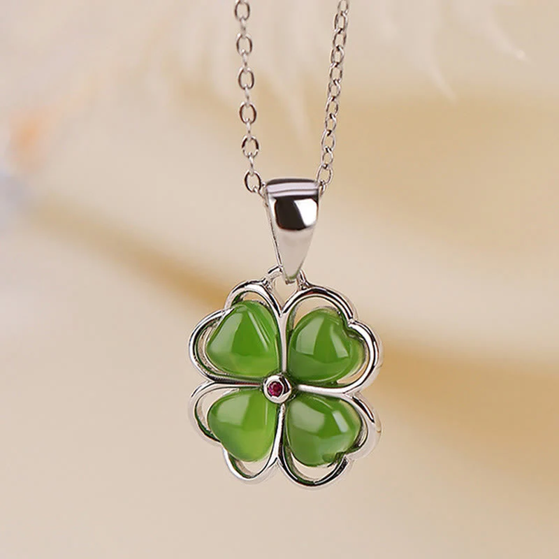Silver Hetian Cyan Jade Lucky Four Leaf Clover Necklace - Image 9