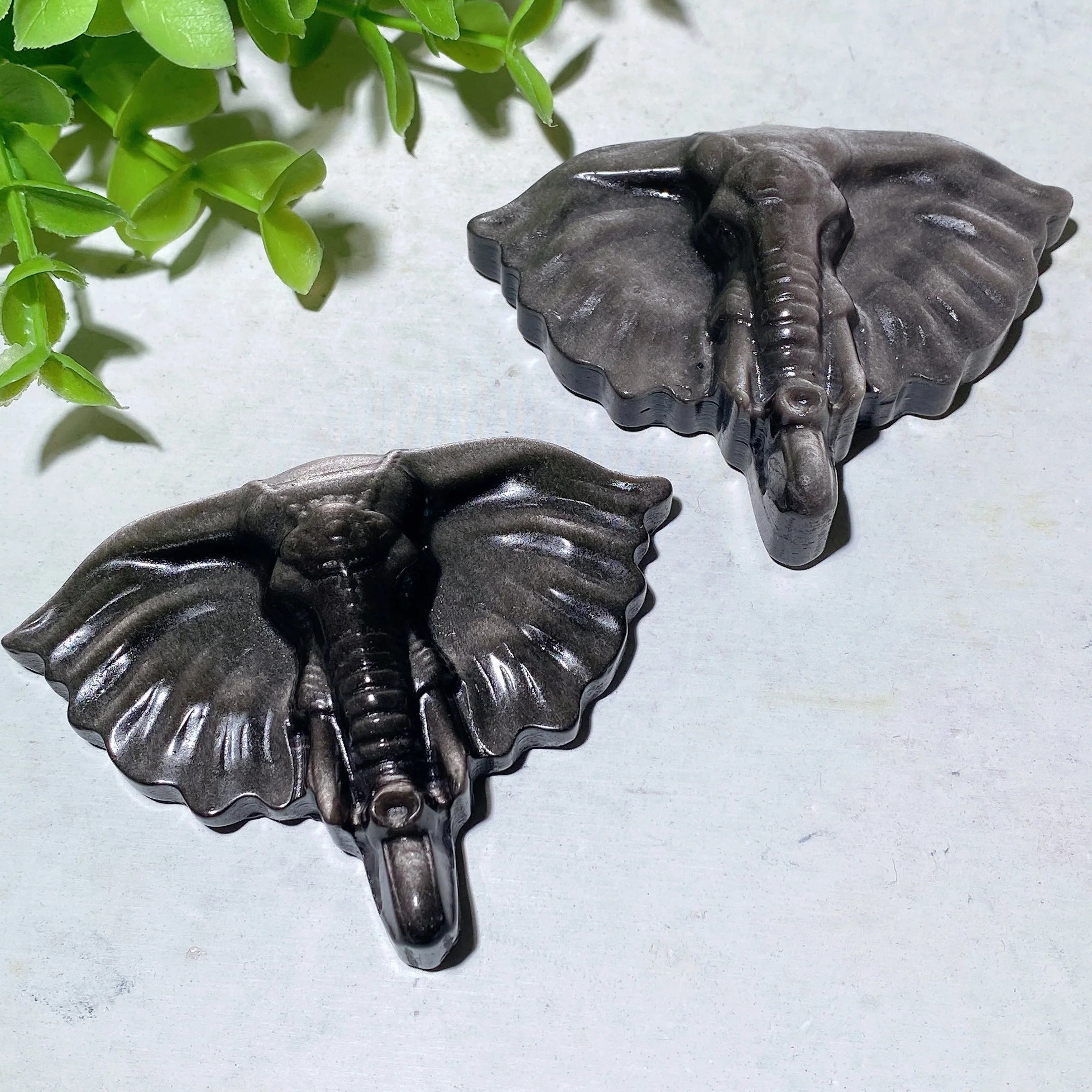 3 Inch Silver Obsidian Crystal Elephant Carving - Image 3