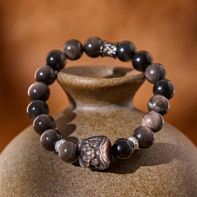 8mm Silver Sheen Obsidian Lion Dance Protection Bracelet