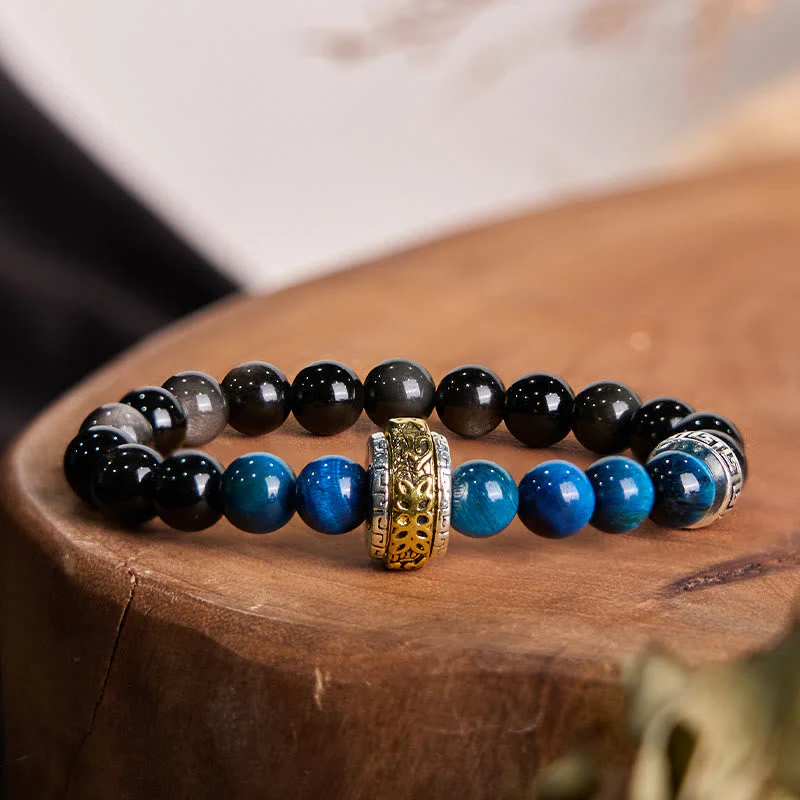 8mm Silver Sheen Obsidian Om Mani Padme Hum Protection Bracelet