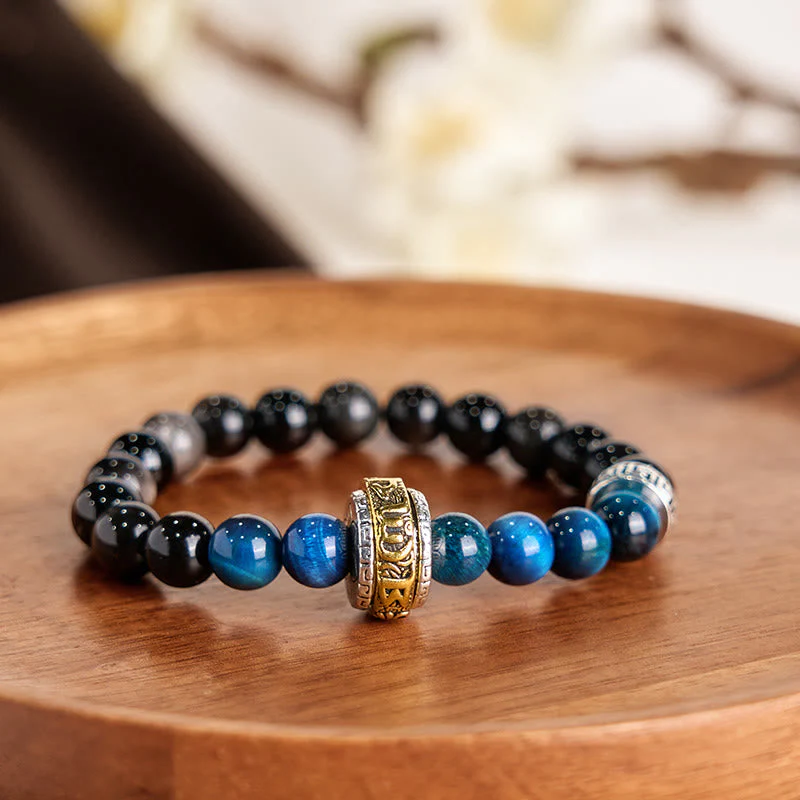 8mm Silver Sheen Obsidian Om Mani Padme Hum Protection Bracelet - Image 2
