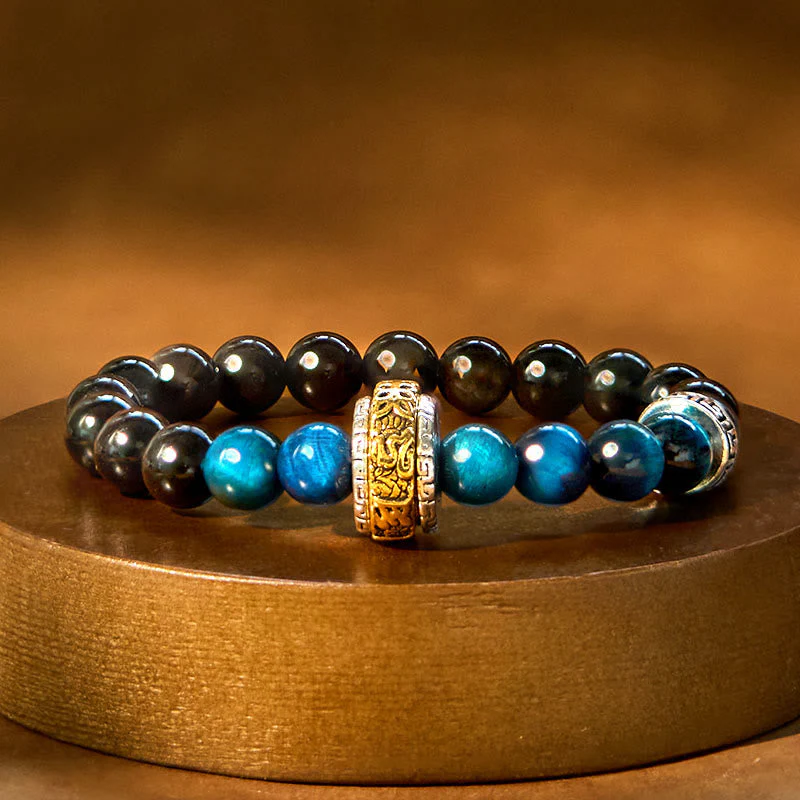 8mm Silver Sheen Obsidian Om Mani Padme Hum Protection Bracelet - Image 3