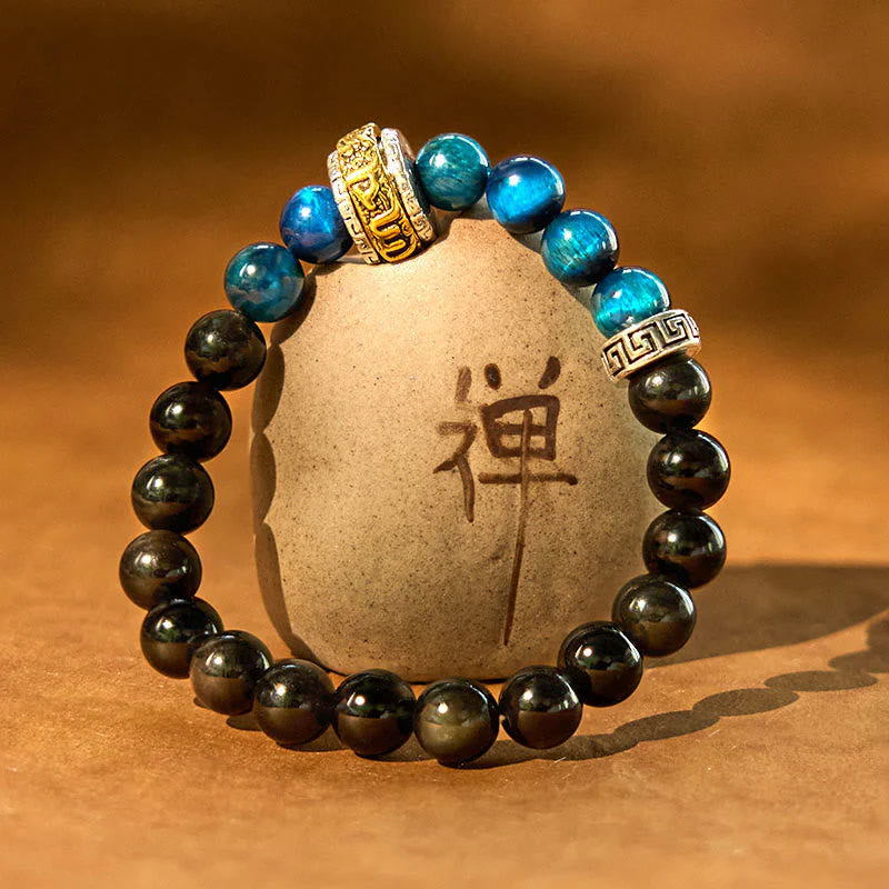 8mm Silver Sheen Obsidian Om Mani Padme Hum Protection Bracelet - Image 4