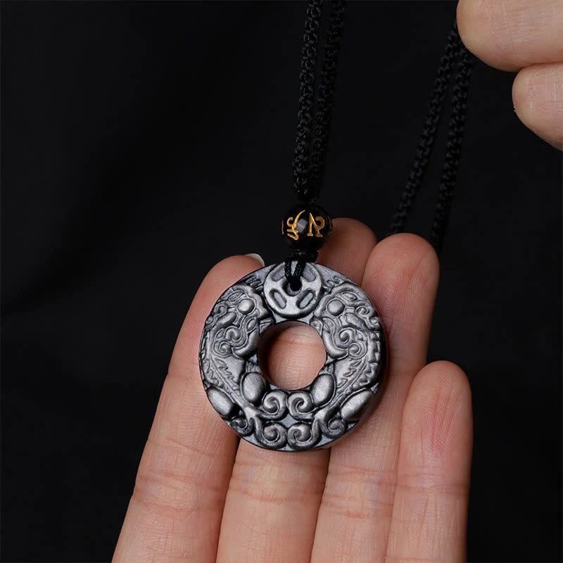 Silver Sheen Obsidian Double PiXiu Protection Necklace Pendant - Image 4
