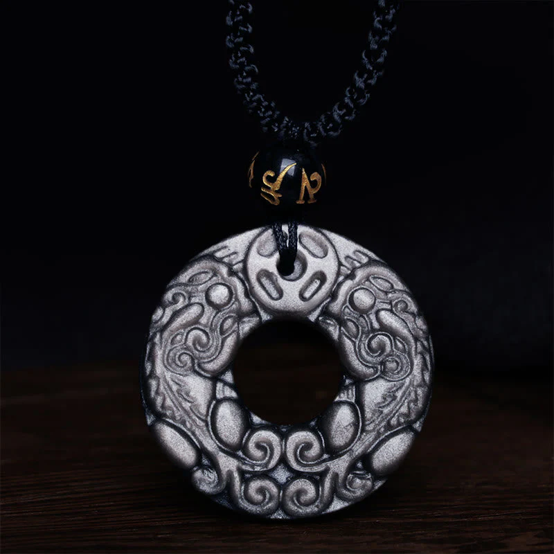 Silver Sheen Obsidian Double PiXiu Protection Necklace Pendant - Image 5