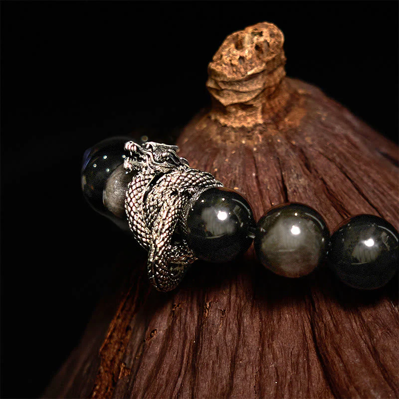 10mm Silver Sheen Obsidian Dragon Protection Bracelet - Image 4