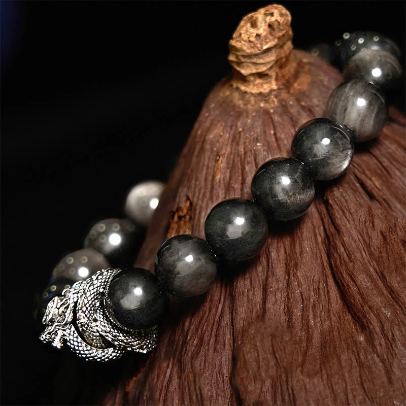 10mm Silver Sheen Obsidian Dragon Protection Bracelet - Image 5