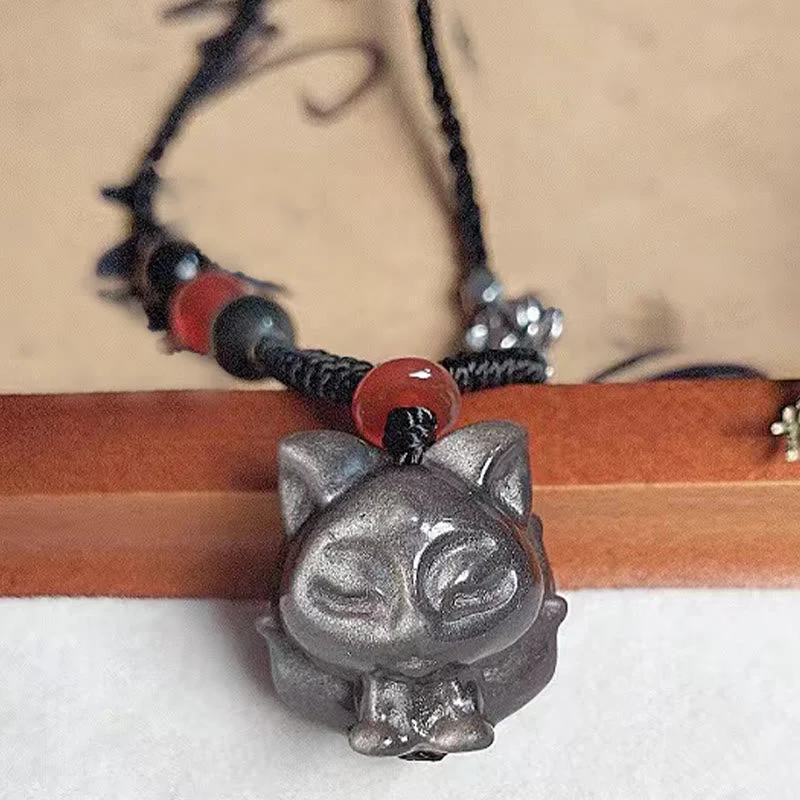 Silver Sheen Obsidian Nine Tailed Fox Protection Necklace - Image 6