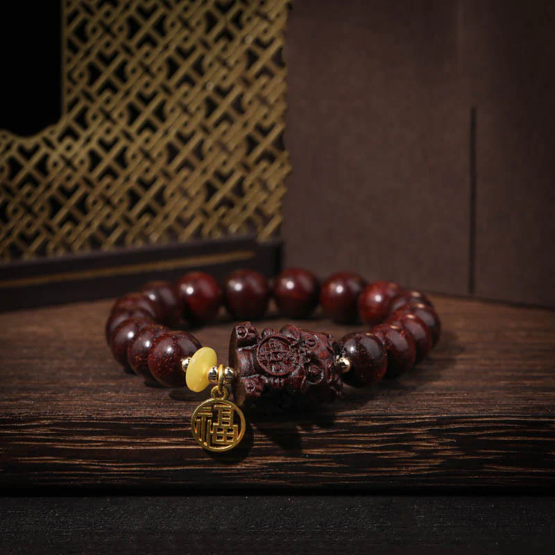 10mm Small Leaf Red Sandalwood Spiritual Bracelet with Gold Swallower Charm for Calm